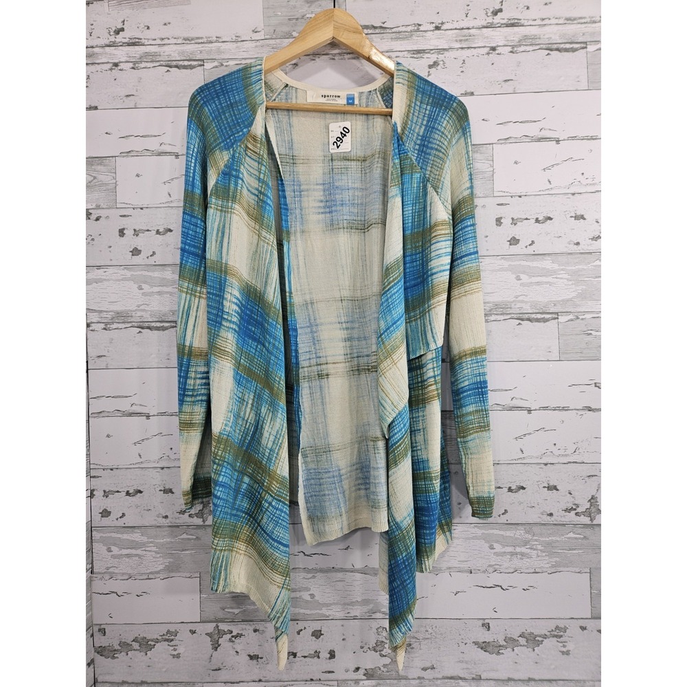 Anthropologie Sparrow Layered Plaid Open Cardigan Womens Medium Blue Green Ivory